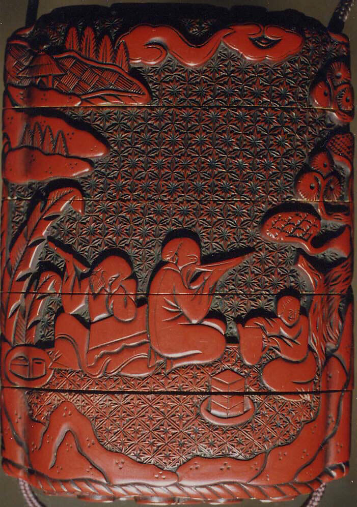 Case (Inrō) with Design of Chinese Sages Drinking and Writing on Banana Leaf, Lacquer, tsuishu, carved relief, stained; Interior: nashiji and fundame, Japan