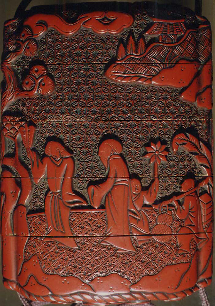 Case (Inrō) with Design of Chinese Sages Drinking and Writing on Banana Leaf, Lacquer, tsuishu, carved relief, stained; Interior: nashiji and fundame, Japan
