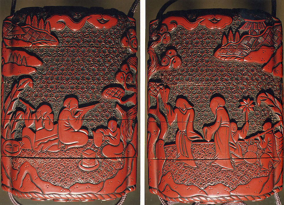Case (Inrō) with Design of Chinese Sages Drinking and Writing on Banana Leaf, Lacquer, tsuishu, carved relief, stained; Interior: nashiji and fundame, Japan 