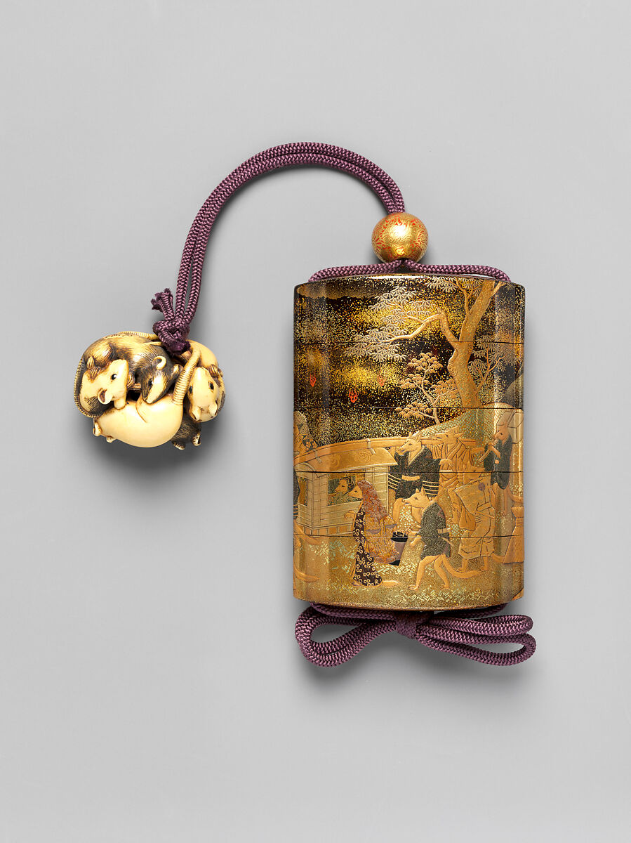 Inrō with Fox's Wedding (Kitsune no yomeiri), Five cases; lacquered wood with gold, silver takamaki-e, hiramaki-e, togidashimaki-e, irokomaki-e, kirikane (cut out gold foil) on nashiji ("pear skin") and black lacquer background, Japan