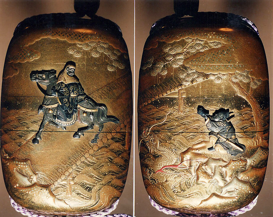 Case (Inrō) with Design of Chōryo and Kosekiko with the Shoe and the Dragon, Lacquer, kinji, gold, silver, black and brown hiramakie, kirigane, metal inlay; Interior: nashiji and fundame, Japan 
