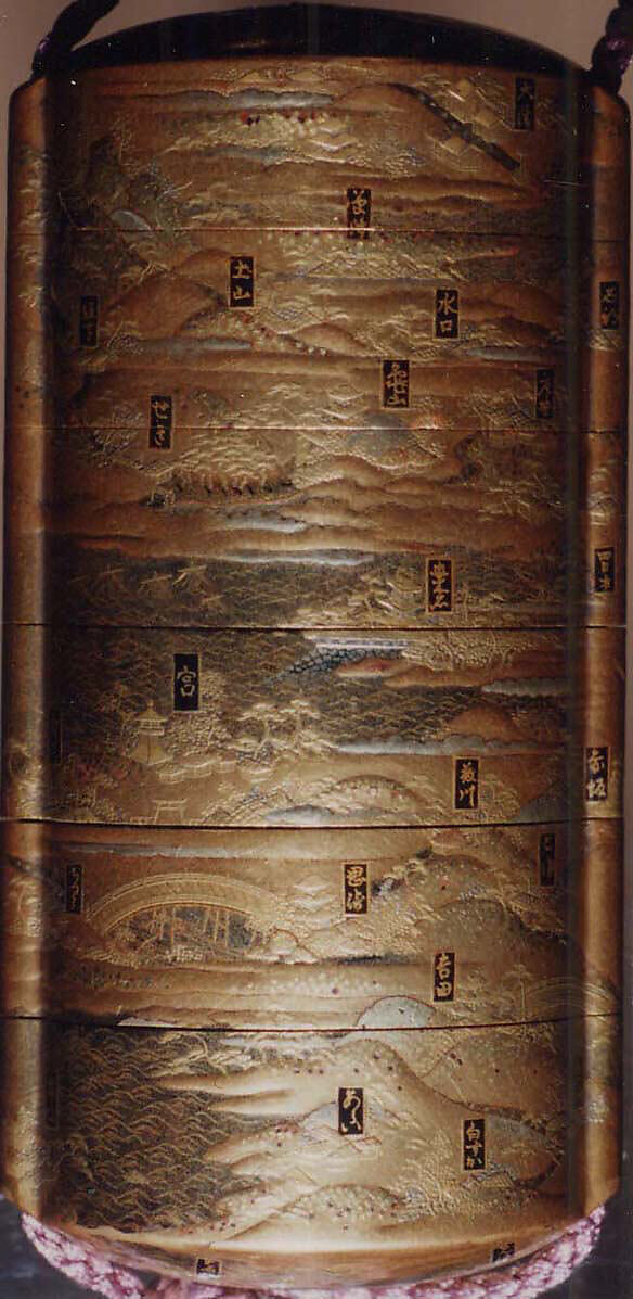 Inrō with the “Fifty-three Stations of the Tōkaidō”, Five cases; lacquered wood with gold and silver takamaki-e, hiramaki-e, togidashimaki-e, cut-out gold foil on gold and nashiji groundNetsuke: carved wood; Kintarō beating a TenguOjime: gold bead with stag in relief , Japan