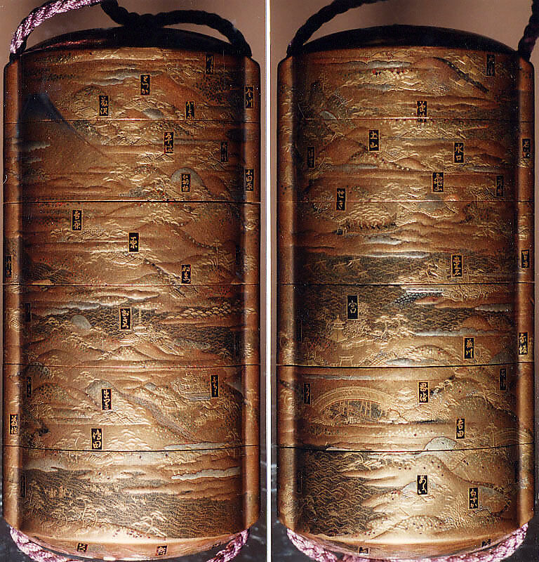 Inrō with the “Fifty-three Stations of the Tōkaidō”, Five cases; lacquered wood with gold and silver takamaki-e, hiramaki-e, togidashimaki-e, cut-out gold foil on gold and nashiji groundNetsuke: carved wood; Kintarō beating a TenguOjime: gold bead with stag in relief , Japan 