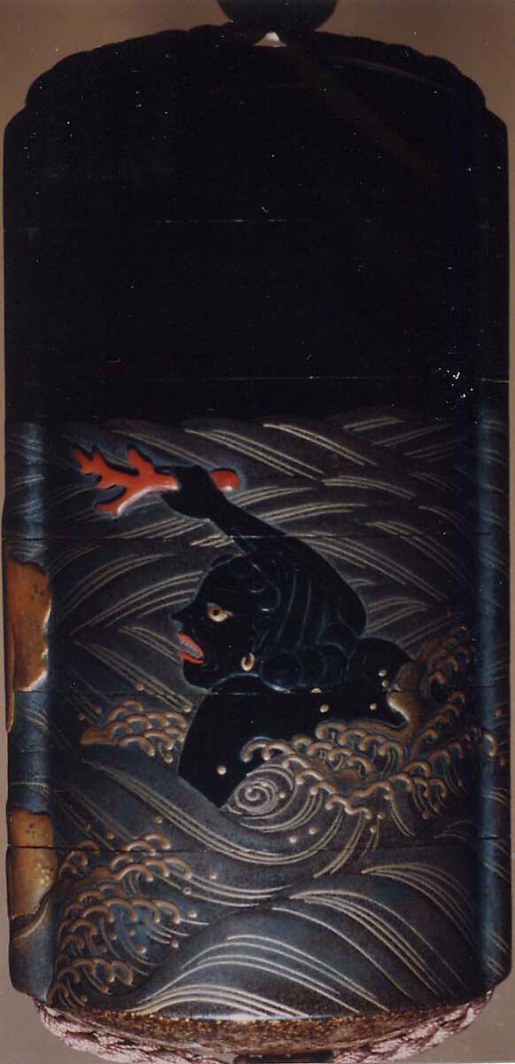 Case (Inrō) with Design of South Sea Islander Diving for Coral (obverse); South Sea Islander Seated on Rock beside Water (reverse), Lacquer, roiro, gold and coloured hiramakie, takamakie, tsuishu, coral; Interior: nashiji and fundame, Japan