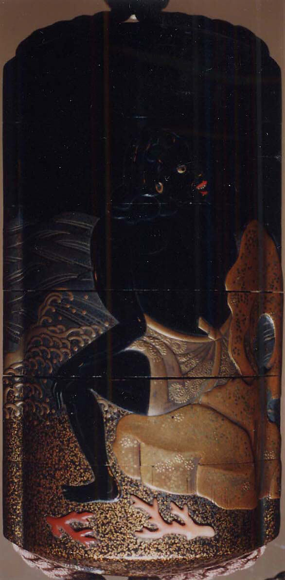 Case (Inrō) with Design of South Sea Islander Diving for Coral (obverse); South Sea Islander Seated on Rock beside Water (reverse), Lacquer, roiro, gold and coloured hiramakie, takamakie, tsuishu, coral; Interior: nashiji and fundame, Japan