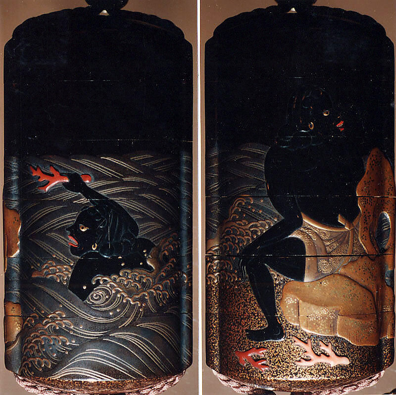 Case (Inrō) with Design of South Sea Islander Diving for Coral (obverse); South Sea Islander Seated on Rock beside Water (reverse), Lacquer, roiro, gold and coloured hiramakie, takamakie, tsuishu, coral; Interior: nashiji and fundame, Japan 