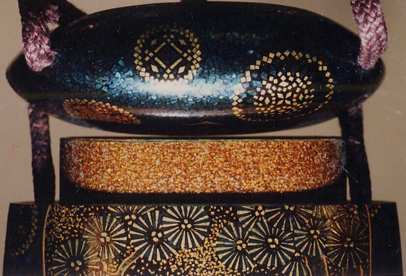 Case (Inrō) with Design of Perched Hawk in Pine Tree (obverse); Small Bird in Flight (reverse), Lacquer, aogai kirigane, roiro, nashiji, gold and coloured togidashi, kirigane; Interior: nashiji and fundame, Japan