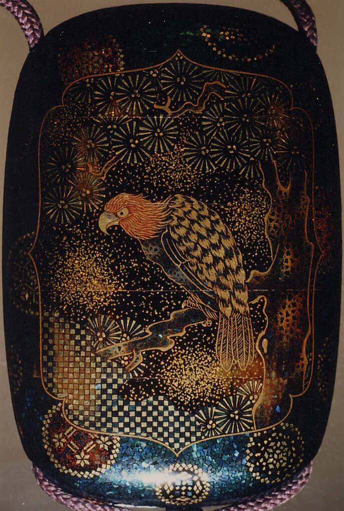 Case (Inrō) with Design of Perched Hawk in Pine Tree (obverse); Small Bird in Flight (reverse), Lacquer, aogai kirigane, roiro, nashiji, gold and coloured togidashi, kirigane; Interior: nashiji and fundame, Japan