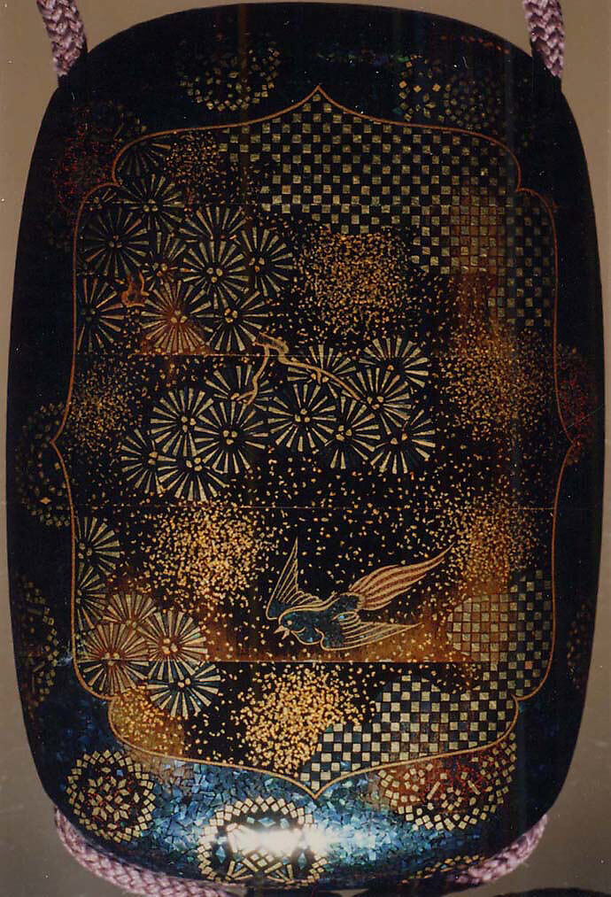 Case (Inrō) with Design of Perched Hawk in Pine Tree (obverse); Small Bird in Flight (reverse), Lacquer, aogai kirigane, roiro, nashiji, gold and coloured togidashi, kirigane; Interior: nashiji and fundame, Japan