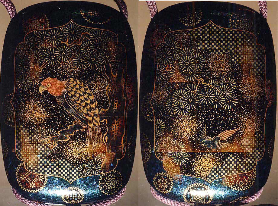 Case (Inrō) with Design of Perched Hawk in Pine Tree (obverse); Small Bird in Flight (reverse), Lacquer, aogai kirigane, roiro, nashiji, gold and coloured togidashi, kirigane; Interior: nashiji and fundame, Japan 