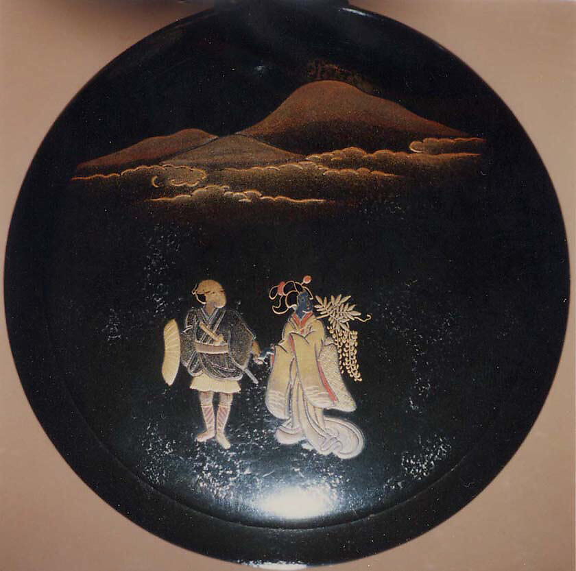 Case (Inrō) with Design of Procession of Children, the Leader in the Guise of Ōni (Demon) (obverse); Lady and Servant (reverse), Lacquer, dark ishime ground, gold, silver, black and red hiramakie, togidashi; Interior: roiro and nashiji, Japan