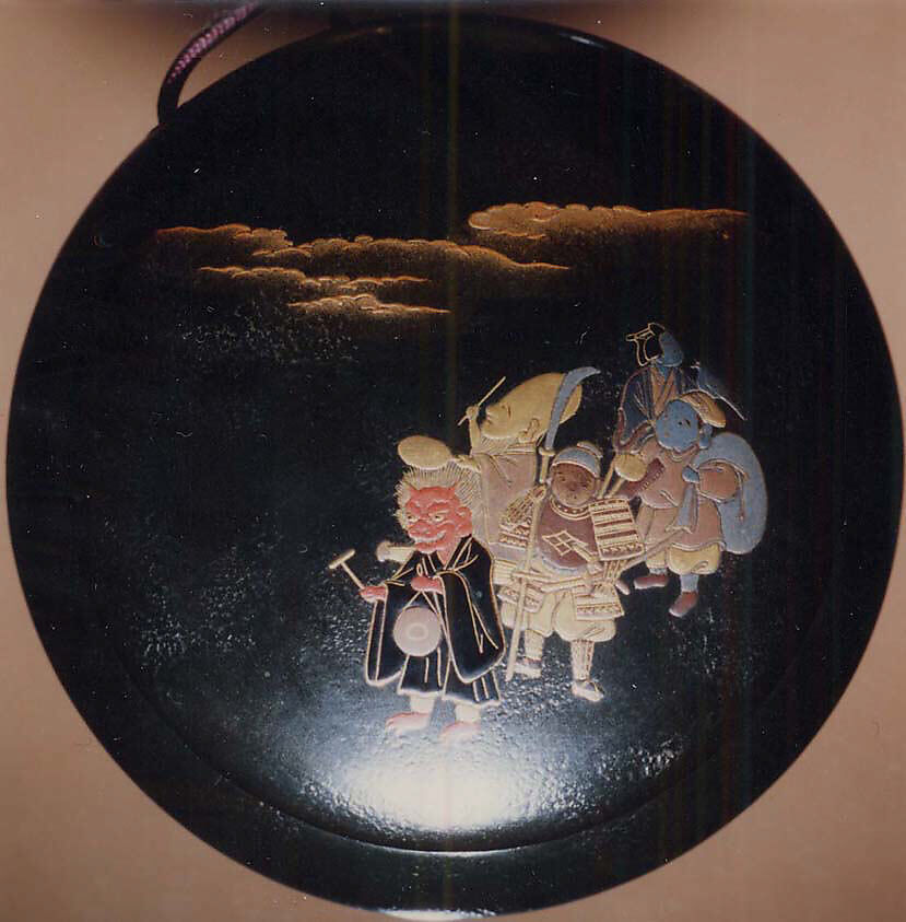 Case (Inrō) with Design of Procession of Children, the Leader in the Guise of Ōni (Demon) (obverse); Lady and Servant (reverse), Lacquer, dark ishime ground, gold, silver, black and red hiramakie, togidashi; Interior: roiro and nashiji, Japan