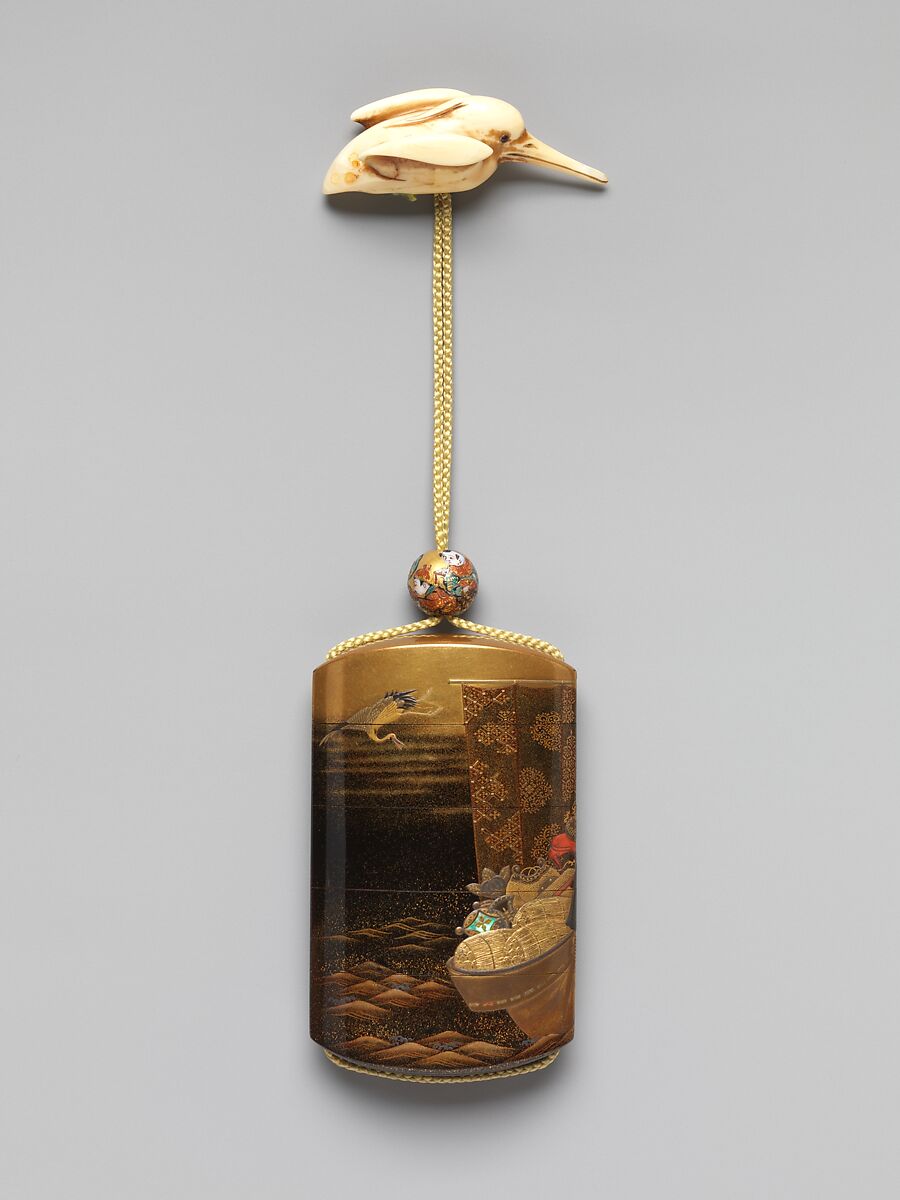 Inrō with Treasure Boat, Kajikawa Bunryūsai (Japanese, ca. 1751–1817), Gold and black lacquer and nashiji ground with gold and silver hiramaki-e, red lacquer, and mother-of-pearl inlayNetsuke: kingfisher; carved ivory Ojime: Chinese children; porcelain (Kutani ware, Japan 