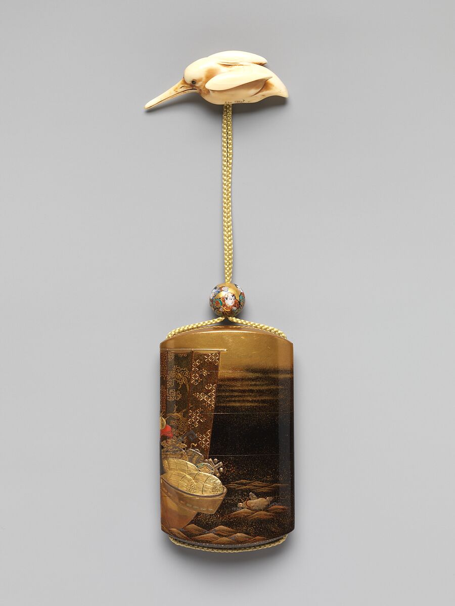 Inrō with Treasure Boat, Kajikawa Bunryūsai (Japanese, ca. 1751–1817), Gold and black lacquer and nashiji ground with gold and silver hiramaki-e, red lacquer, and mother-of-pearl inlayNetsuke: kingfisher; carved ivory Ojime: Chinese children; porcelain (Kutani ware, Japan