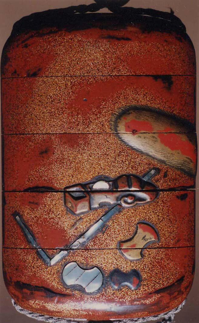 Case (Inrō) with Design of Tools of Various Trades (Carpenter, Farmer, Merchant), Lacquer, red-brown ground, nashiji, gold, red and silver hiramakie, raden; Interior: nashiji and fundame, Japan