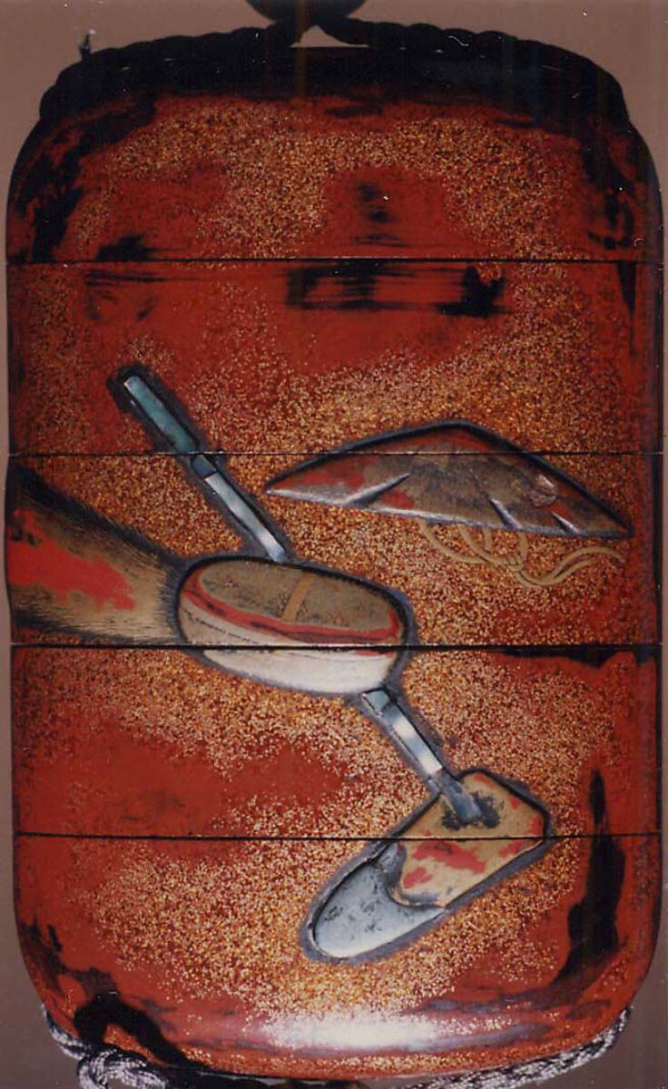 Case (Inrō) with Design of Tools of Various Trades (Carpenter, Farmer, Merchant), Lacquer, red-brown ground, nashiji, gold, red and silver hiramakie, raden; Interior: nashiji and fundame, Japan