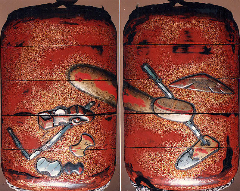 Case (Inrō) with Design of Tools of Various Trades (Carpenter, Farmer, Merchant), Lacquer, red-brown ground, nashiji, gold, red and silver hiramakie, raden; Interior: nashiji and fundame, Japan 
