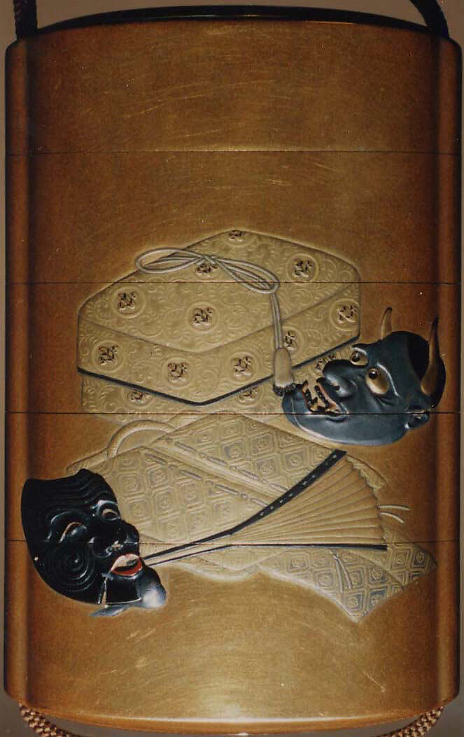 Case (Inrō) with Design of Actor's Masks, Robe and Fan beside Tasseled Box (obverse); Young Pine Trees beside Stage (reverse), Lacquer, kinji, gold, silver, black and red hiramakie, takamakie; Interior: nashiji and fundame, Japan