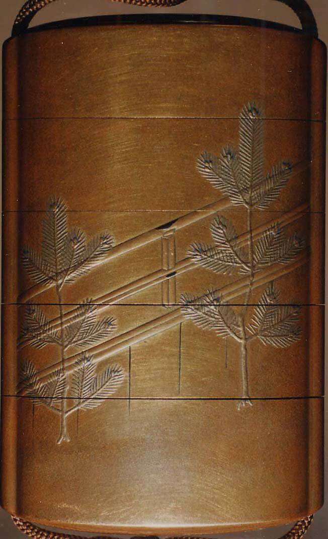 Case (Inrō) with Design of Actor's Masks, Robe and Fan beside Tasseled Box (obverse); Young Pine Trees beside Stage (reverse), Lacquer, kinji, gold, silver, black and red hiramakie, takamakie; Interior: nashiji and fundame, Japan