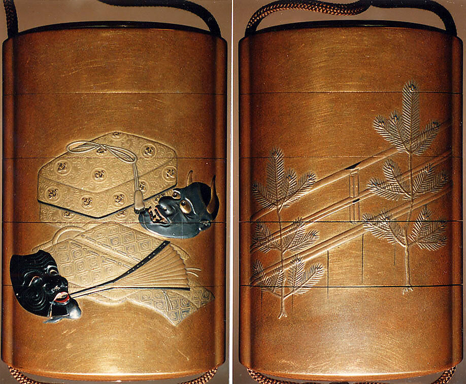 Case (Inrō) with Design of Actor's Masks, Robe and Fan beside Tasseled Box (obverse); Young Pine Trees beside Stage (reverse), Lacquer, kinji, gold, silver, black and red hiramakie, takamakie; Interior: nashiji and fundame, Japan 