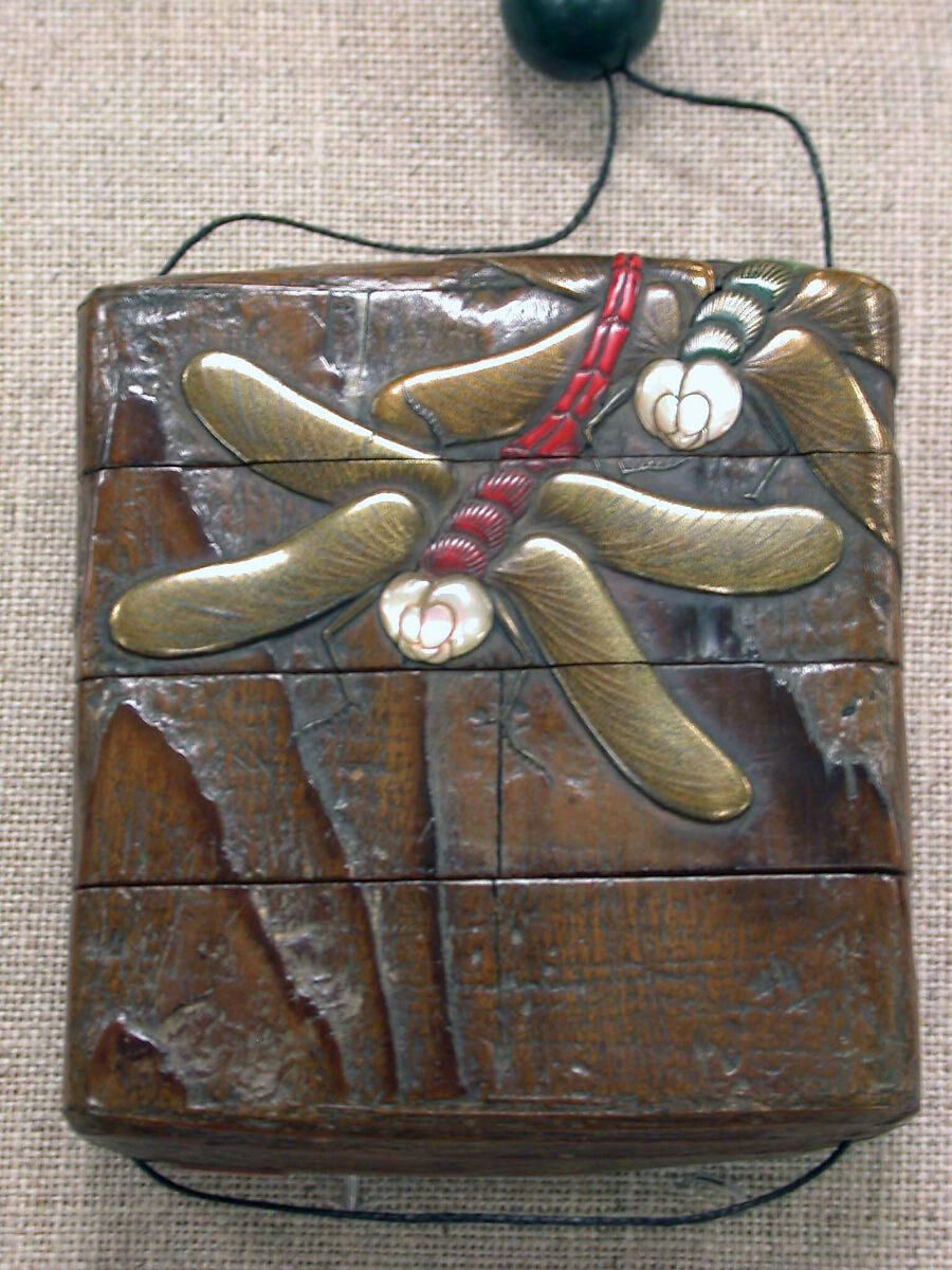Case (Inrō) with Design of Dragonflies, Mochizuki Hanzan (Japanese, 1743–?1790), Wood, brushed wood ground, gold, red and green hiramakie, takamakie, raden; Interior: nashiji and fundame, Japan 
