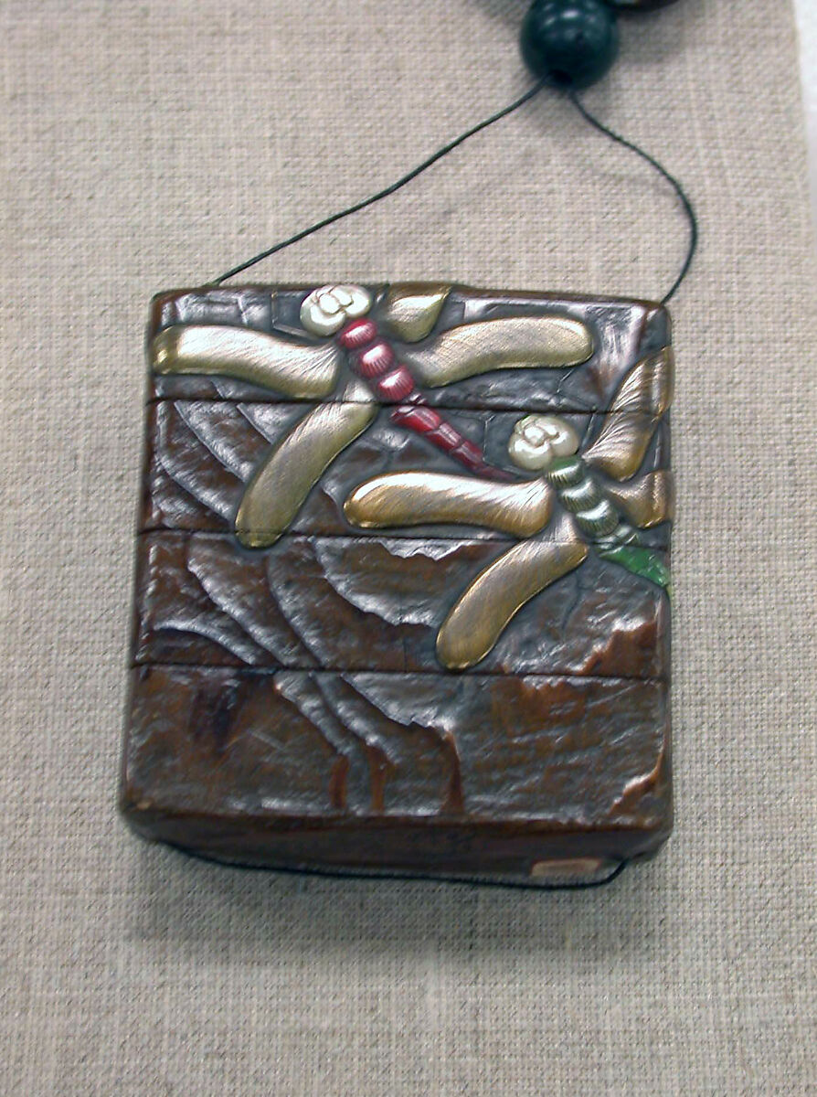 Case (Inrō) with Design of Dragonflies, Mochizuki Hanzan (Japanese, 1743–?1790), Wood, brushed wood ground, gold, red and green hiramakie, takamakie, raden; Interior: nashiji and fundame, Japan