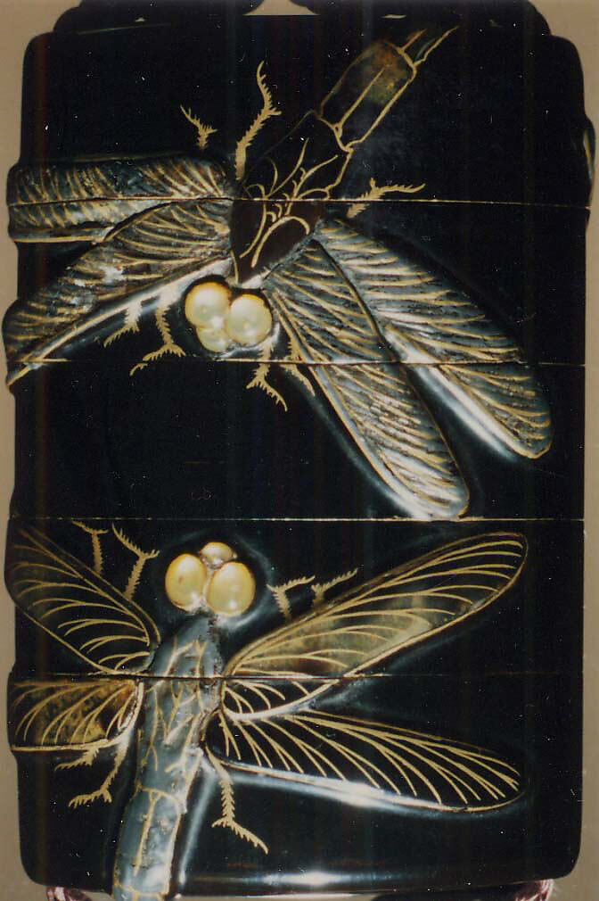 Case (Inrō) with Design of Dragonflies, Lacquer, roiro, gold and black hiramakie, ceramic, raden inlay; Interior: nashiji and fundame, Japan