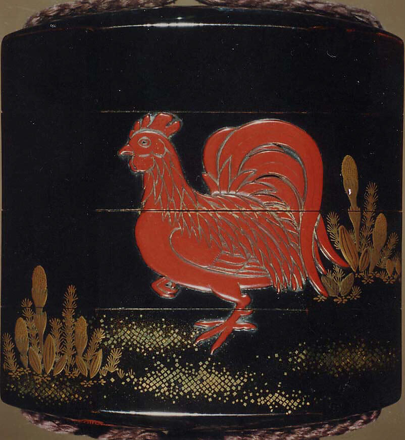 Case (Inrō) with Design of Chickens beside Spring Plants, Lacquer, roiro, gold and coloured hiramakie, kirigane, applied tsuishu; Interior: nashiji and fundame, Japan