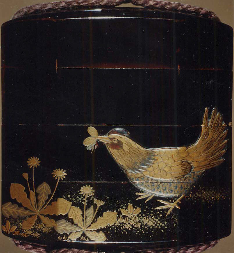 Case (Inrō) with Design of Chickens beside Spring Plants, Lacquer, roiro, gold and coloured hiramakie, kirigane, applied tsuishu; Interior: nashiji and fundame, Japan