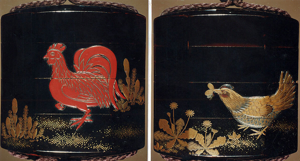 Case (Inrō) with Design of Chickens beside Spring Plants, Lacquer, roiro, gold and coloured hiramakie, kirigane, applied tsuishu; Interior: nashiji and fundame, Japan 