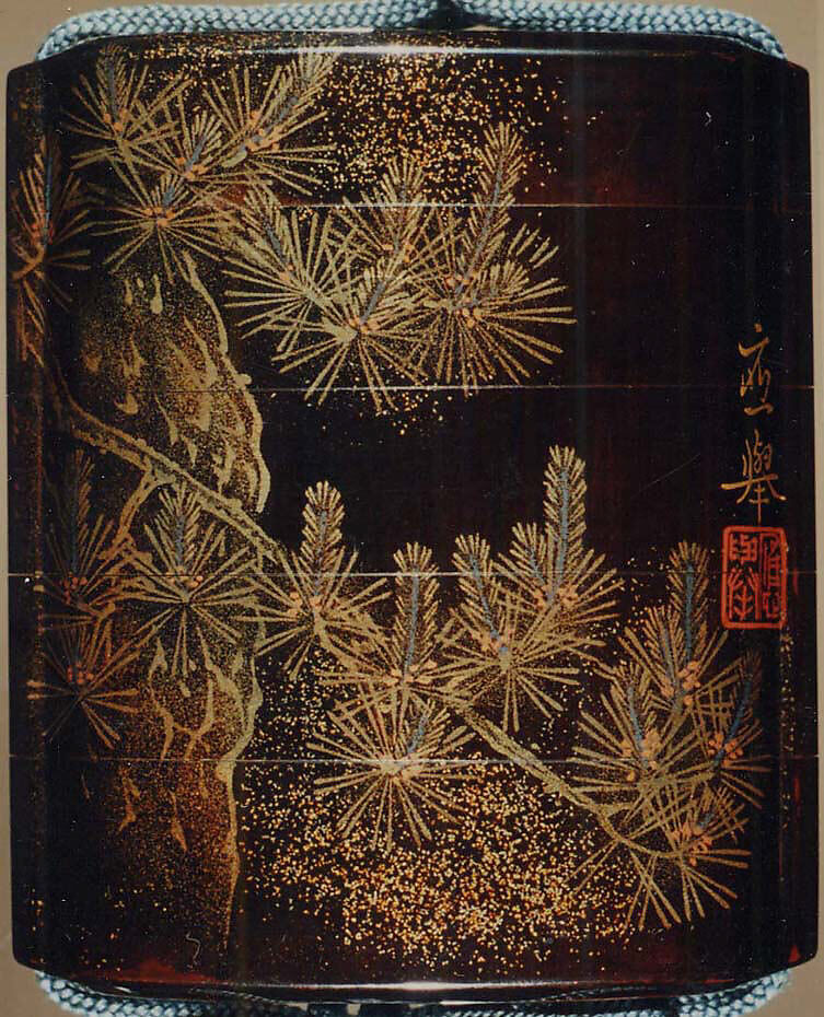 Case (Inrō) with Design of Pines Tree and Branches, Maruyama Ōkyo 円山応挙 (Japanese, 1733–1795), Lacquer, roiro, gold and silver togidashi, mura nashiji; Interior: roiro and fundame, Japan