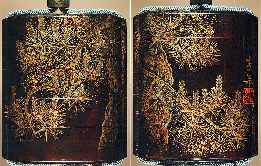 Case (Inrō) with Design of Pines Tree and Branches, Maruyama Ōkyo 円山応挙 (Japanese, 1733–1795), Lacquer, roiro, gold and silver togidashi, mura nashiji; Interior: roiro and fundame, Japan 