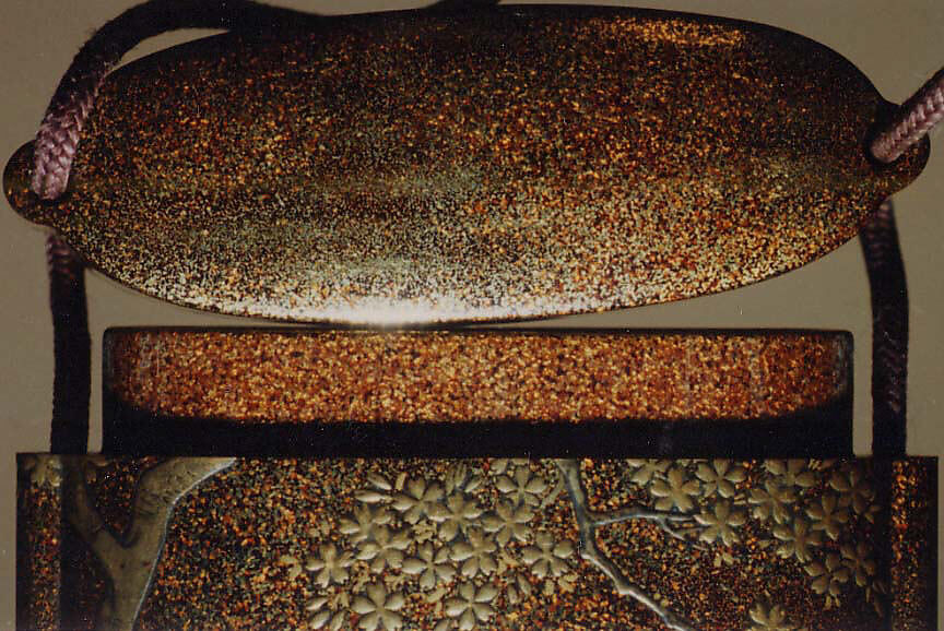 Case (Inrō) with Design of Horses among Cherry Blossom Trees, Lacquer, nashiji, gold, silver, black and brown hiramakie, takamakie; Interior: nashiji and fundame, Japan