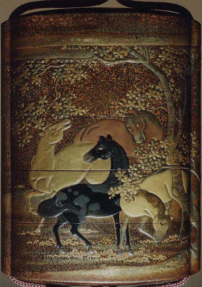 Case (Inrō) with Design of Horses among Cherry Blossom Trees, Lacquer, nashiji, gold, silver, black and brown hiramakie, takamakie; Interior: nashiji and fundame, Japan