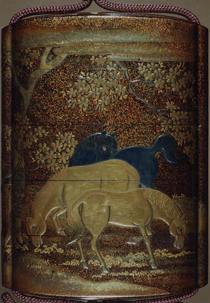 Case (Inrō) with Design of Horses among Cherry Blossom Trees, Lacquer, nashiji, gold, silver, black and brown hiramakie, takamakie; Interior: nashiji and fundame, Japan