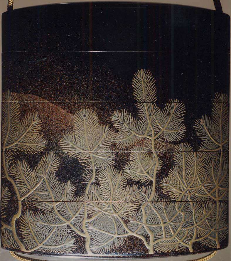 Case (Inrō) with Design of Pine Branches, Lacquer, roiro, nashij, gold and silver hiramakie, togidashi; Interior: nashiji and fundame, Japan