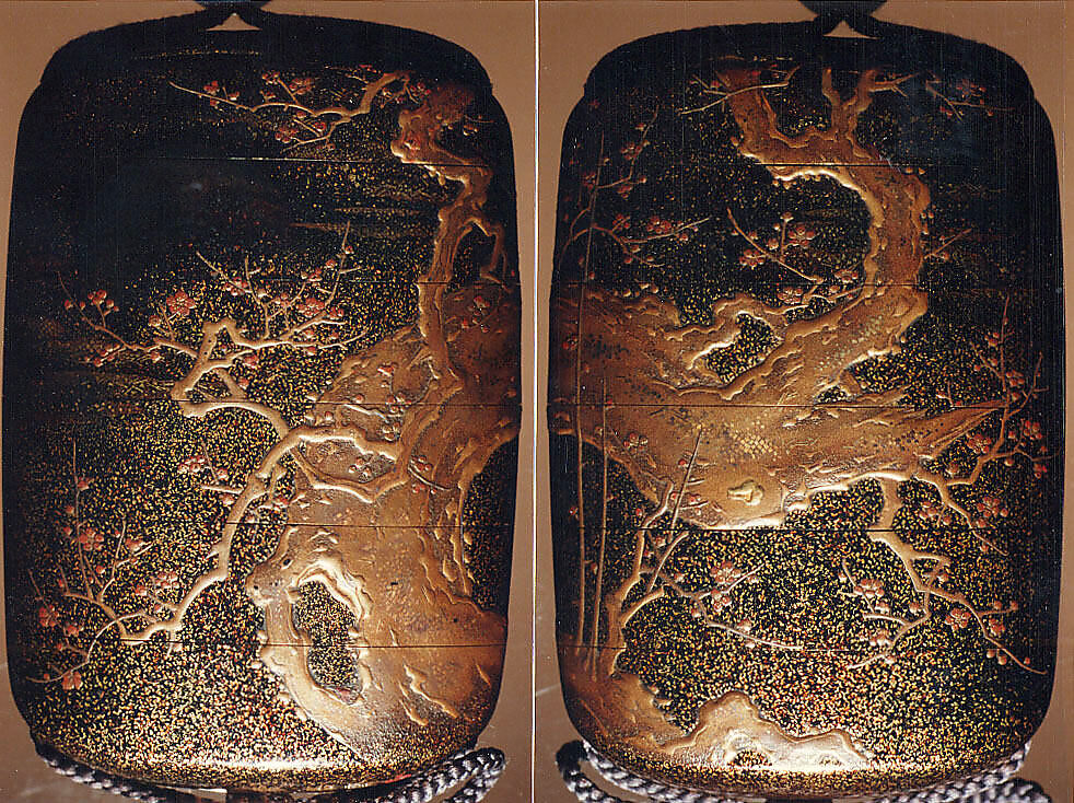 Case (Inrō) with Design of Blossoming Plum Tree, Kano Seisen’in (1775–1828), Lacquer with sprinkled gold, silver, and red makie and takamakie
Ojime: bead; tortoiseshell
Netsuke: basket; woven reeds, Japan 