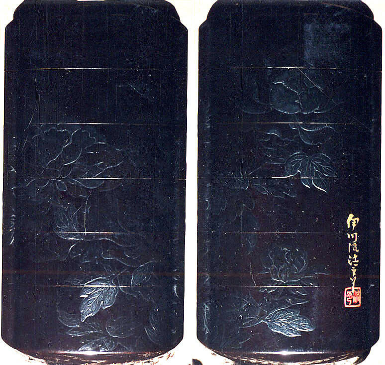 Case (Inrō) with Design of Flowering Peonies, Kano Seisen’in (1775–1828), Lacquer, roiro, yamimakie, black hiramakie, takamakie; Interior: gyobu nashiji and fundame, Japan 