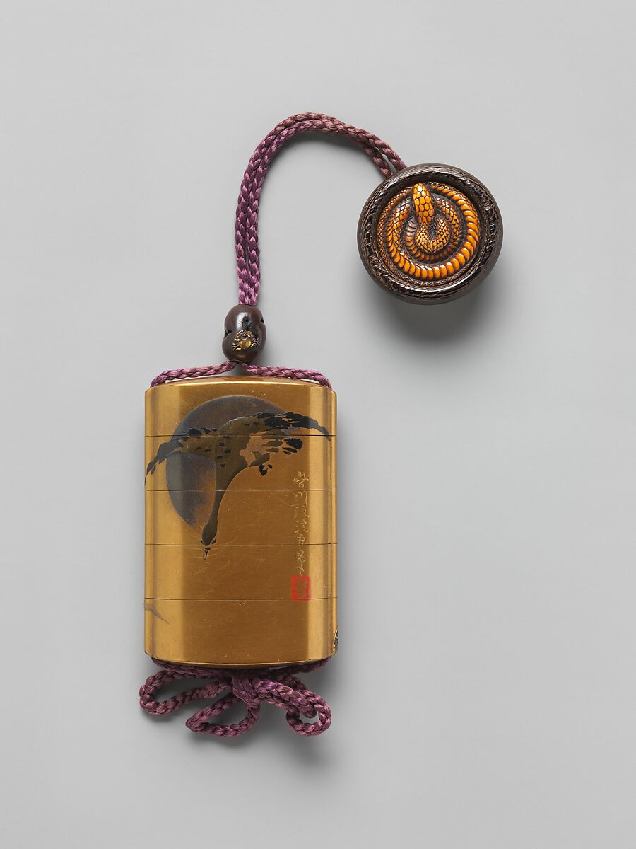 Inrō with Goose Flying across the Full Moon, After Kano Seisen’in (1775–1828), Lacquer, kinji, gold, silver, black and red hiramakie, togidashi, aogai inlay; Interior: nashiji and fundame, Japan 