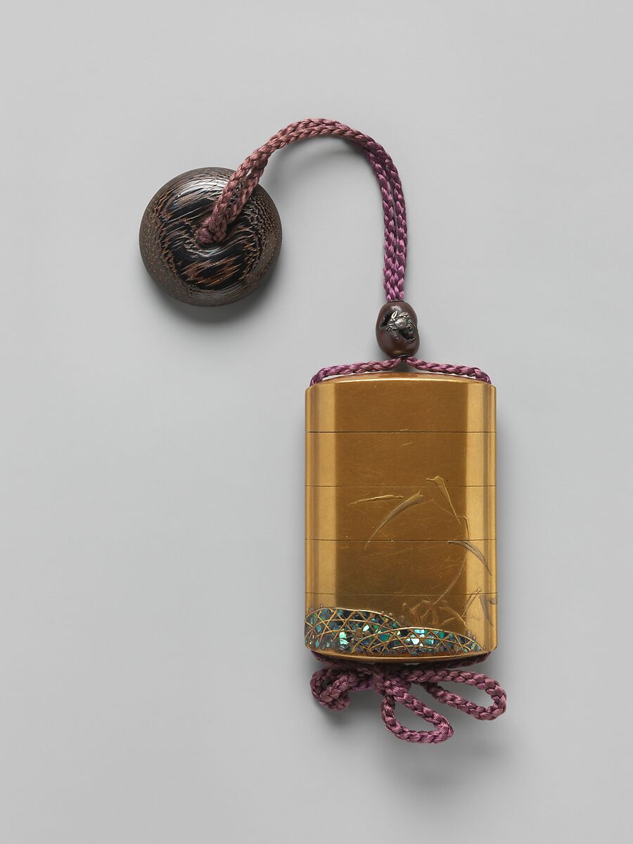 Inrō with Goose Flying across the Full Moon, After Kano Seisen’in (1775–1828), Lacquer, kinji, gold, silver, black and red hiramakie, togidashi, aogai inlay; Interior: nashiji and fundame, Japan