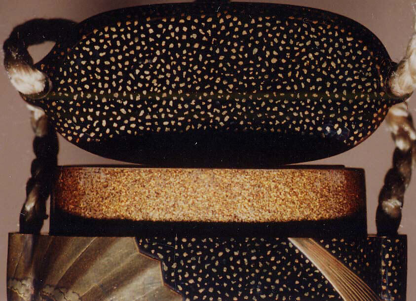 Case (Inrō) with Design of Dancer's Bells and Fans with Plum Blossoms, Pines and Grass, Lacquer, roiro, hirame, gold and silver hiramakie, silver foil; Interior: nashiji and fundame, Japan