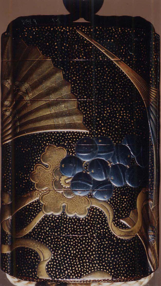 Case (Inrō) with Design of Dancer's Bells and Fans with Plum Blossoms, Pines and Grass, Lacquer, roiro, hirame, gold and silver hiramakie, silver foil; Interior: nashiji and fundame, Japan