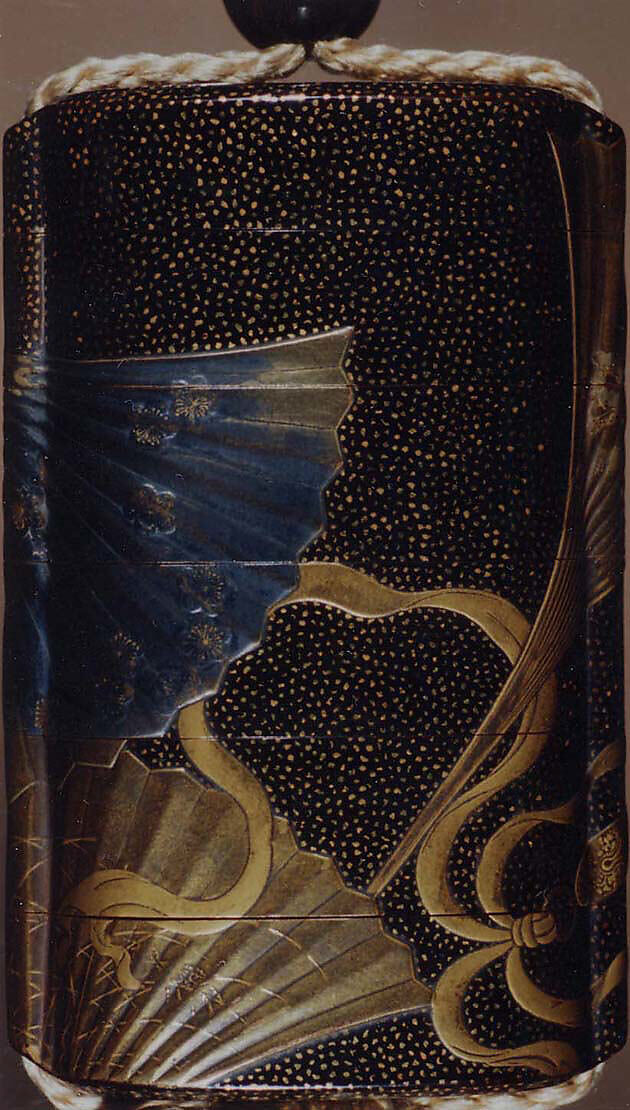 Case (Inrō) with Design of Dancer's Bells and Fans with Plum Blossoms, Pines and Grass, Lacquer, roiro, hirame, gold and silver hiramakie, silver foil; Interior: nashiji and fundame, Japan