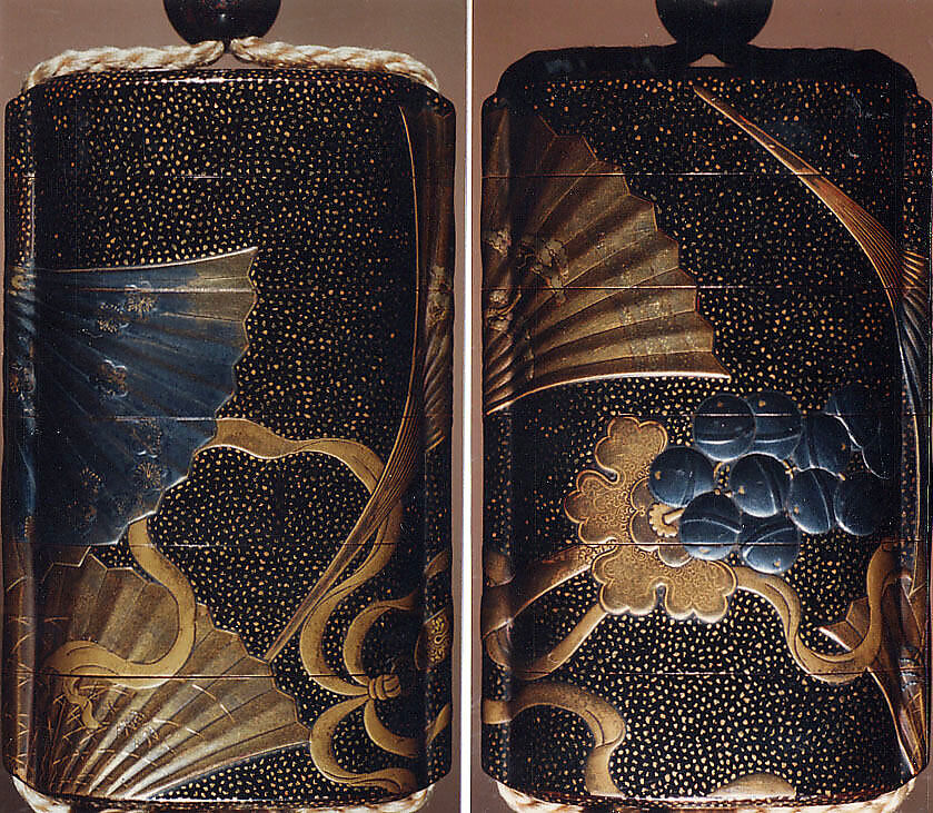 Case (Inrō) with Design of Dancer's Bells and Fans with Plum Blossoms, Pines and Grass, Lacquer, roiro, hirame, gold and silver hiramakie, silver foil; Interior: nashiji and fundame, Japan 