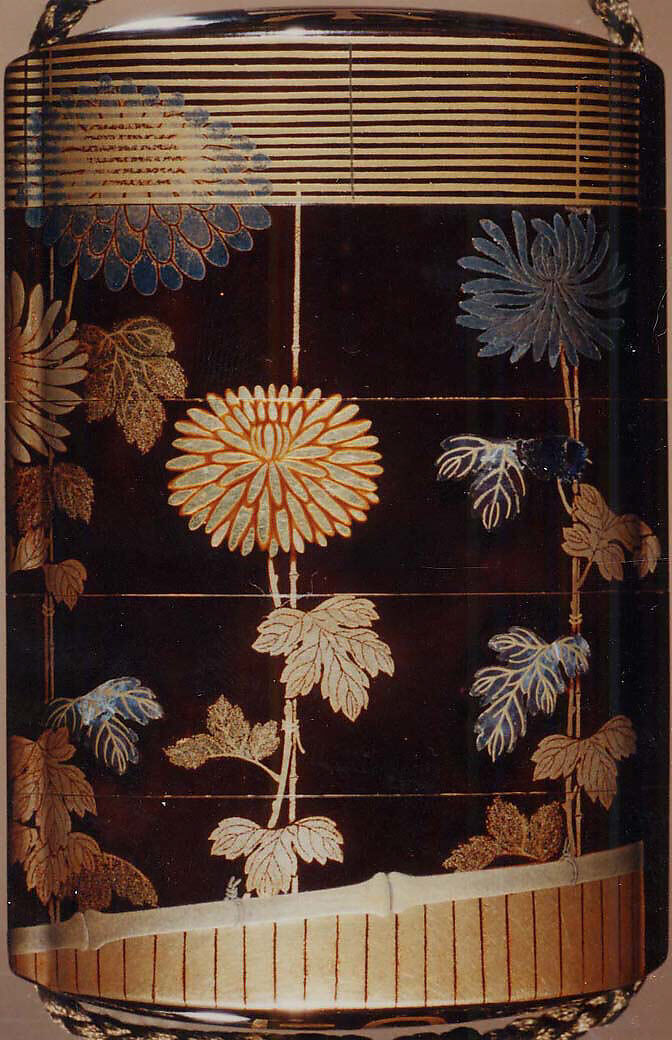 Case (Inrō) with Design of Chrysanthemums Beneath Bamboo Blinds, Lacquer, roiro, gold, silver, blue and red togidashi; Interior: nashiji and fundame, Japan