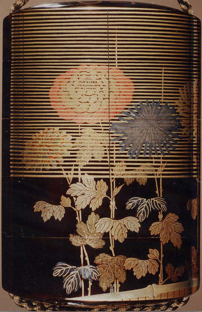 Case (Inrō) with Design of Chrysanthemums Beneath Bamboo Blinds, Lacquer, roiro, gold, silver, blue and red togidashi; Interior: nashiji and fundame, Japan