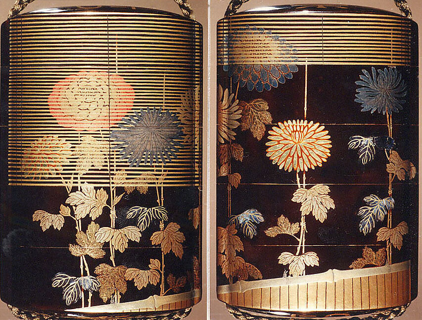 Case (Inrō) with Design of Chrysanthemums Beneath Bamboo Blinds, Lacquer, roiro, gold, silver, blue and red togidashi; Interior: nashiji and fundame, Japan 