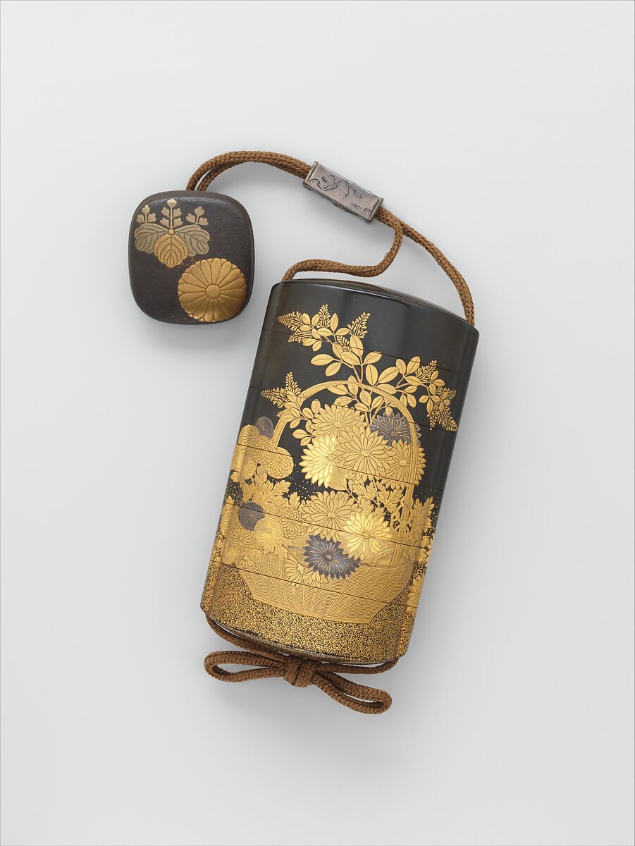 Inrō with Basket of Spring Flowers (obverse); Basket of Autumn Flowers (reverse), Five cases; lacquered wood with gold and silver hiramaki-e, togidashimaki-e, cutout gold foil application on black and nashiji lacquer groundNetsuke: lacquered wood with hiramaki-e; chrysanthemum and paulownia flowerOjime: silver bead inlaid with gold, Japan