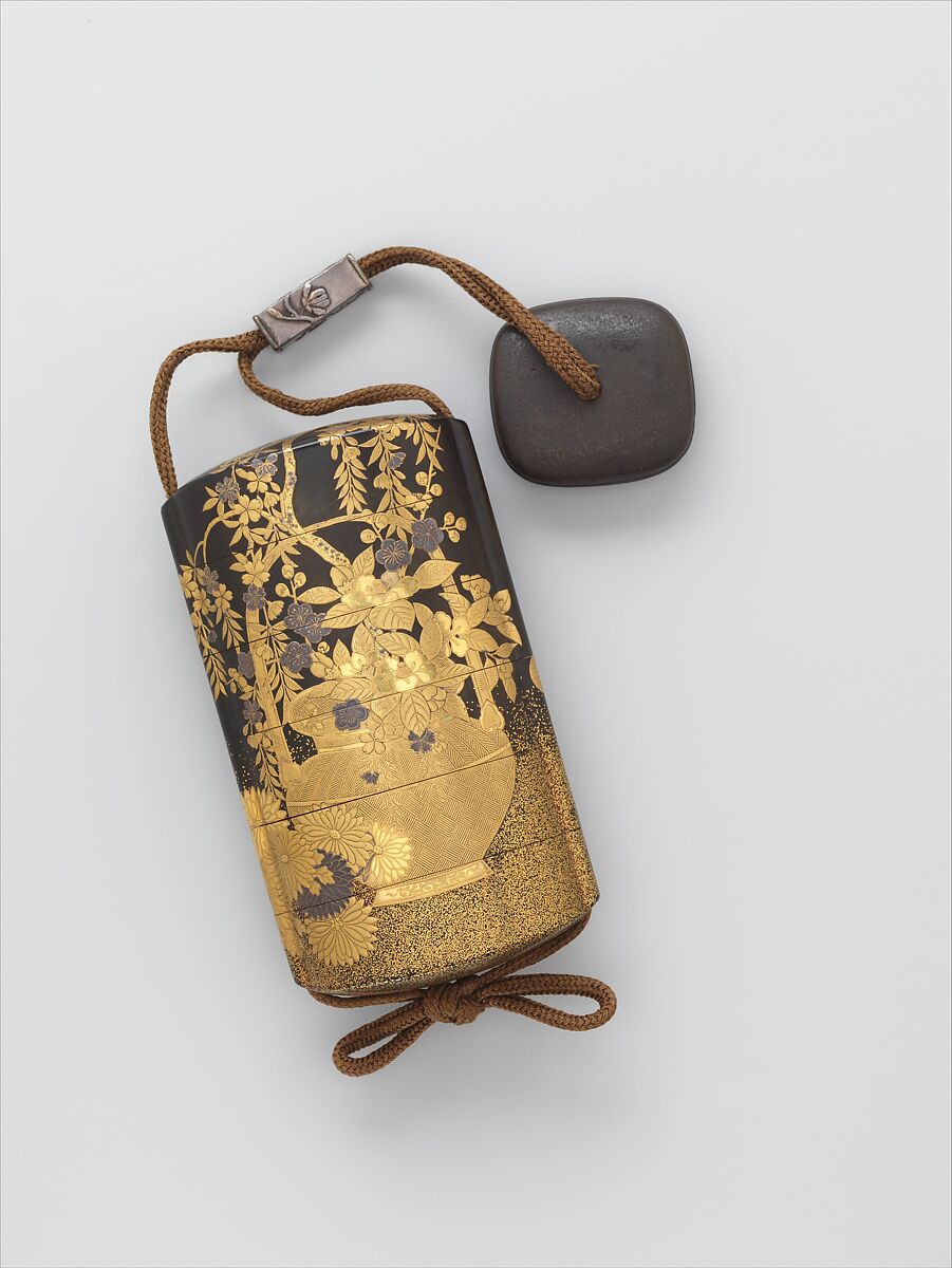 Inrō with Basket of Spring Flowers (obverse); Basket of Autumn Flowers (reverse), Five cases; lacquered wood with gold and silver hiramaki-e, togidashimaki-e, cutout gold foil application on black and nashiji lacquer groundNetsuke: lacquered wood with hiramaki-e; chrysanthemum and paulownia flowerOjime: silver bead inlaid with gold, Japan