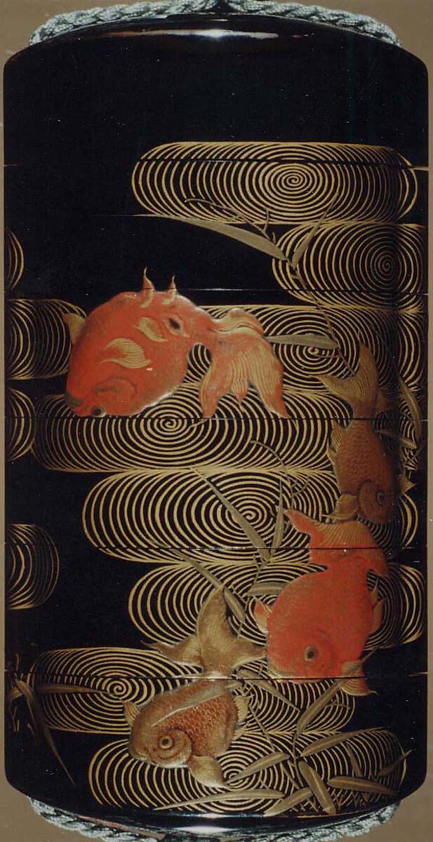 Case (Inrō) with Design of Goldfish and Reed with Wave Pattern, Lacquer, roiro, red and gold hiramakie; Interior: nashiji and fundame, Japan